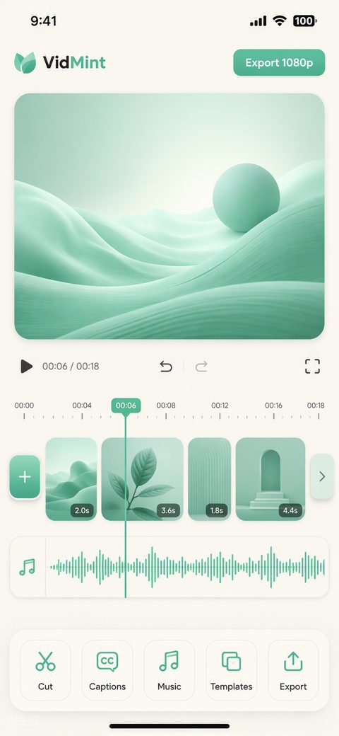 VidMint-KI-Videoeditor-Timeline mit Ein-Tap-Tools für die Kurzvideo-Bearbeitung